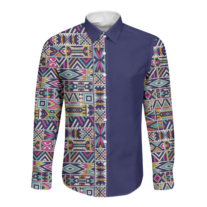 African Ndebele Art Patterns Long Sleeve Button Shirt Navy Blue Half Style