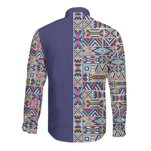 African Ndebele Art Patterns Long Sleeve Button Shirt Navy Blue Half Style