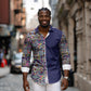 African Ndebele Art Patterns Long Sleeve Button Shirt Navy Blue Half Style