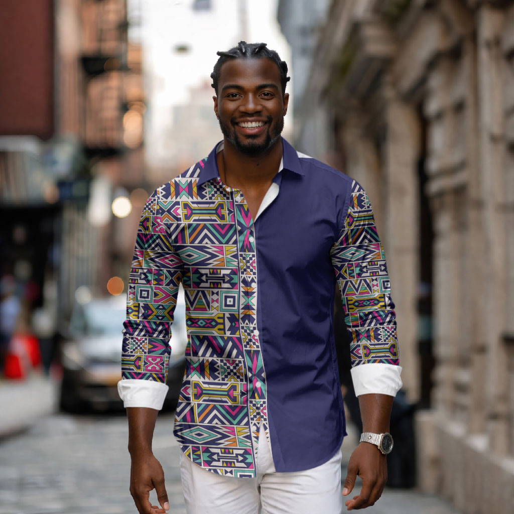 African Ndebele Art Patterns Long Sleeve Button Shirt Navy Blue Half Style