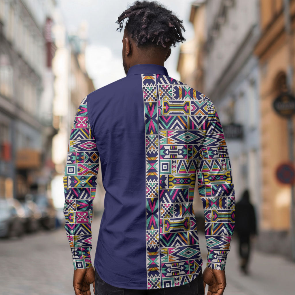 African Ndebele Art Patterns Long Sleeve Button Shirt Navy Blue Half Style