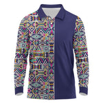 African Ndebele Art Patterns Long Sleeve Polo Shirt Navy Blue Half Style