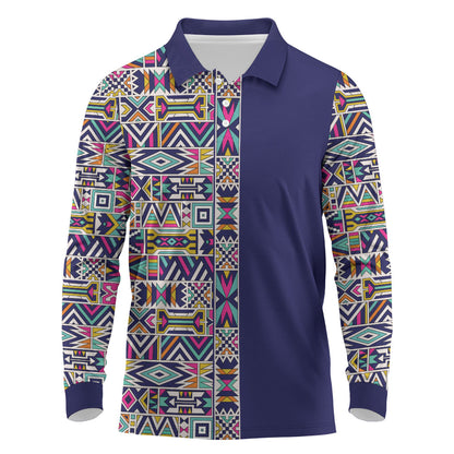 African Ndebele Art Patterns Long Sleeve Polo Shirt Navy Blue Half Style