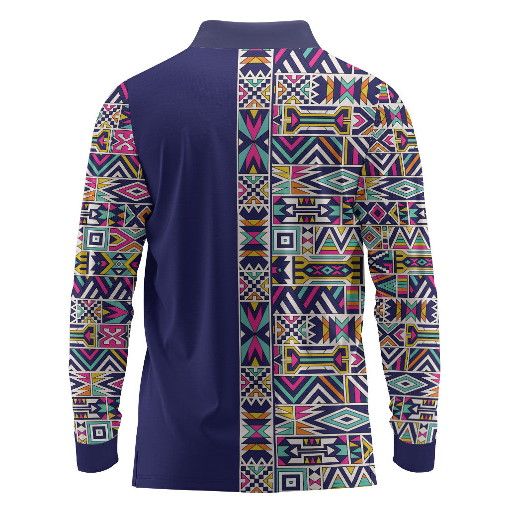 African Ndebele Art Patterns Long Sleeve Polo Shirt Navy Blue Half Style