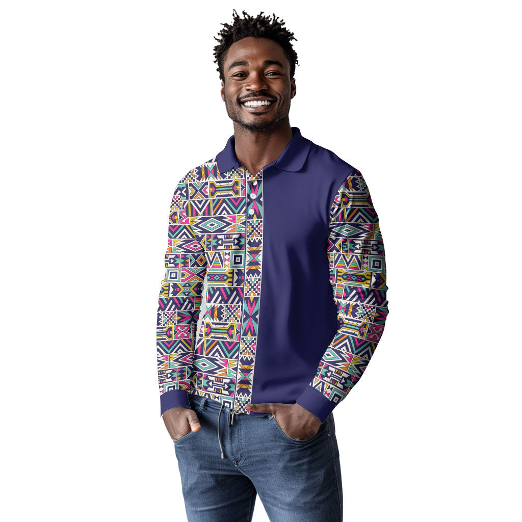 African Ndebele Art Patterns Long Sleeve Polo Shirt Navy Blue Half Style