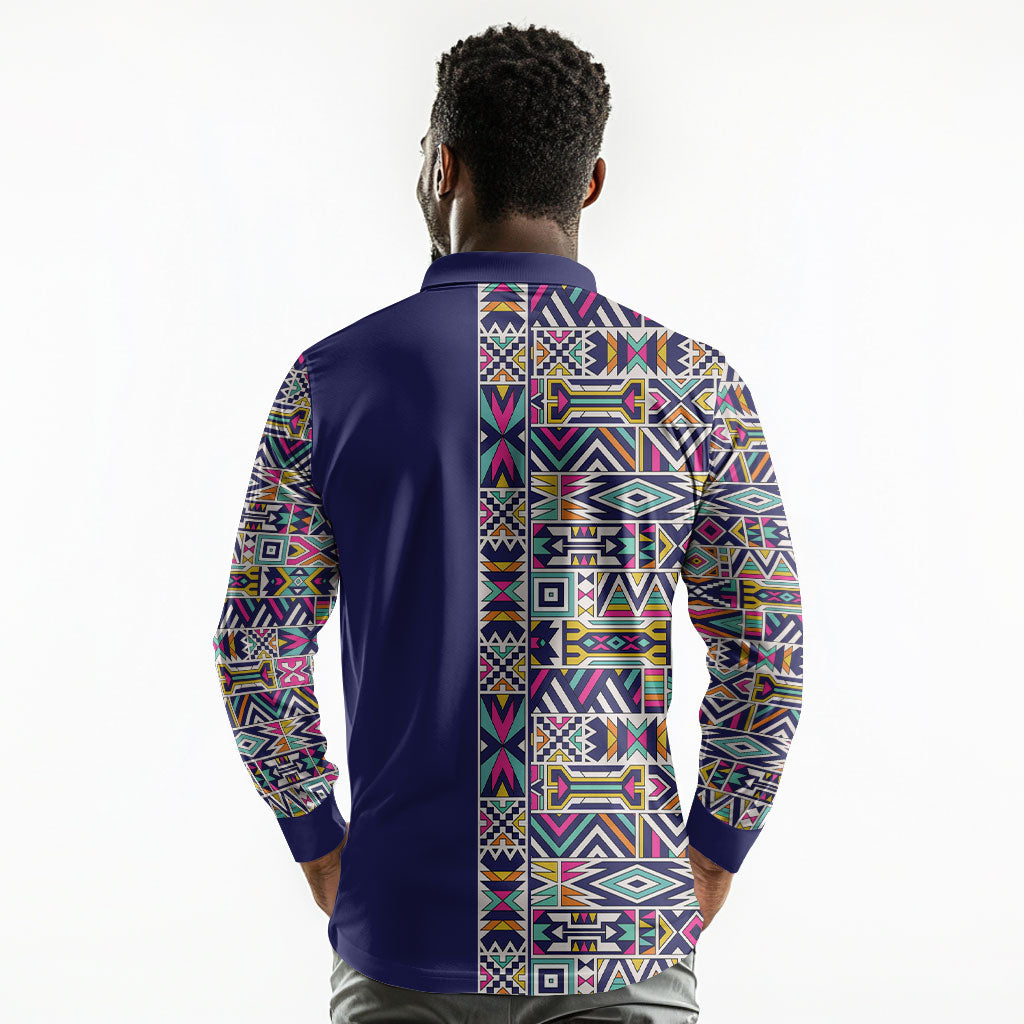 African Ndebele Art Patterns Long Sleeve Polo Shirt Navy Blue Half Style