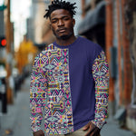 African Ndebele Art Patterns Long Sleeve Shirt Navy Blue Half Style