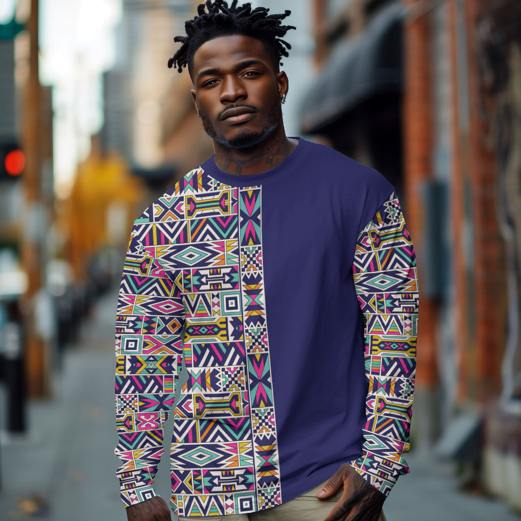 African Ndebele Art Patterns Long Sleeve Shirt Navy Blue Half Style
