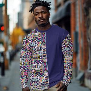 African Ndebele Art Patterns Long Sleeve Shirt Navy Blue Half Style