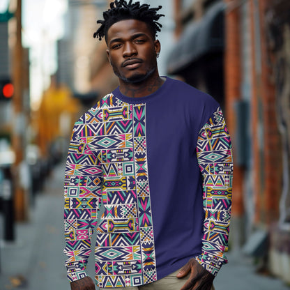 African Ndebele Art Patterns Long Sleeve Shirt Navy Blue Half Style