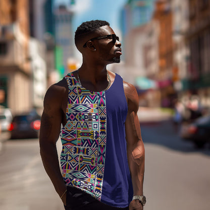 African Ndebele Art Patterns Men Tank Top Navy Blue Half Style