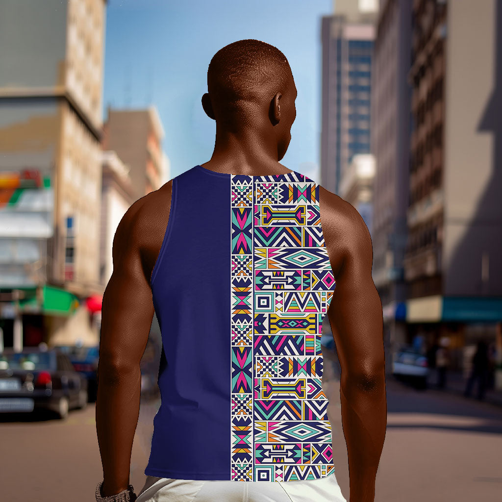 African Ndebele Art Patterns Men Tank Top Navy Blue Half Style