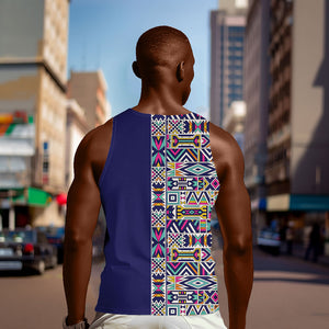 African Ndebele Art Patterns Men Tank Top Navy Blue Half Style