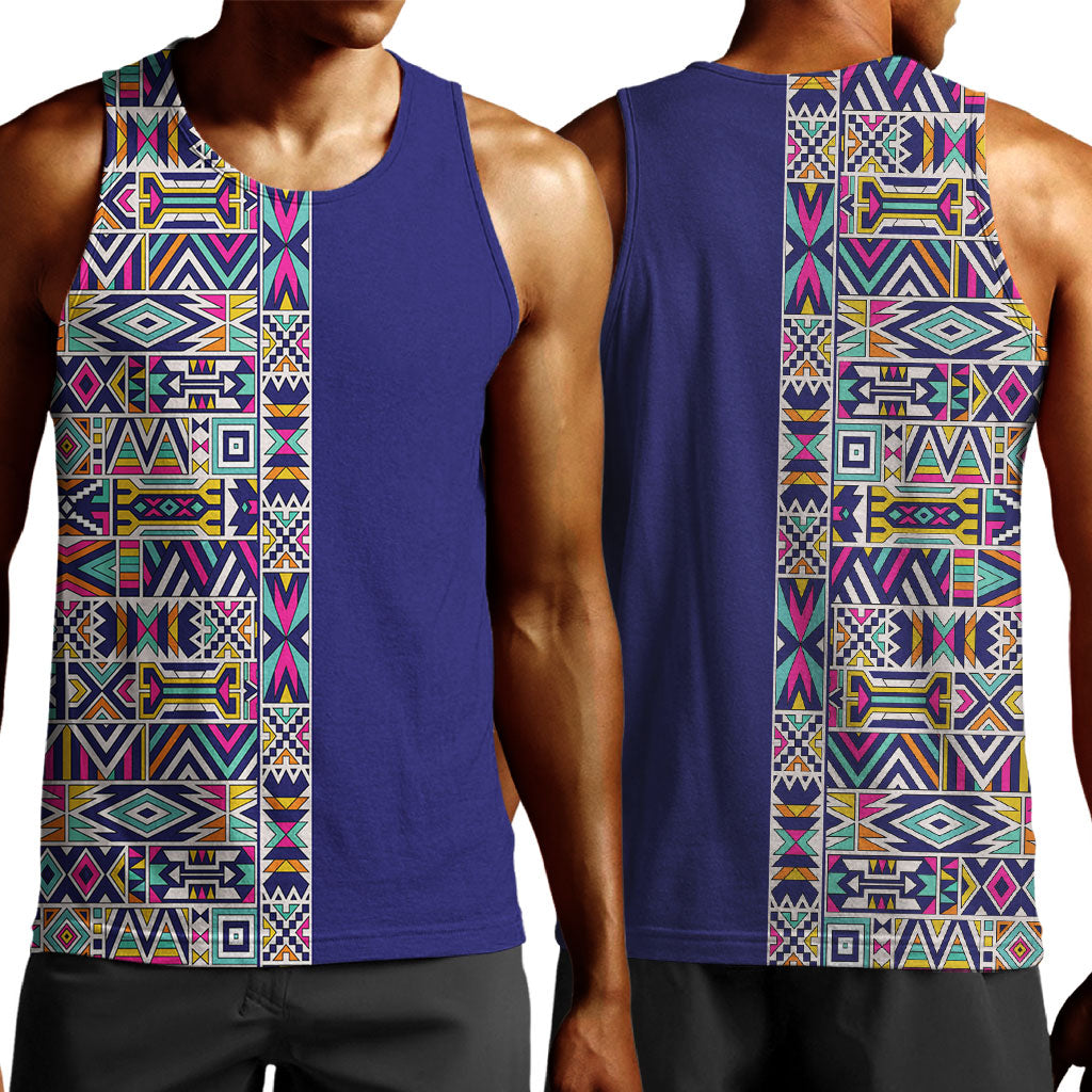 African Ndebele Art Patterns Men Tank Top Navy Blue Half Style