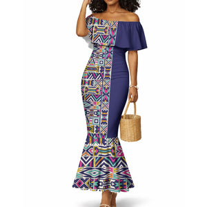 African Ndebele Art Patterns Mermaid Dress Navy Blue Half Style