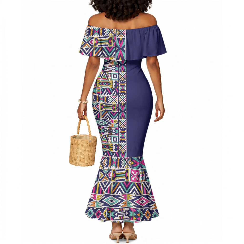 African Ndebele Art Patterns Mermaid Dress Navy Blue Half Style