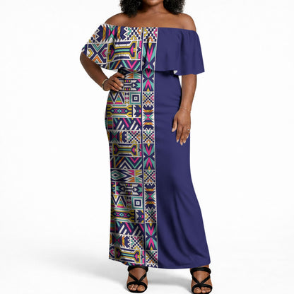 African Ndebele Art Patterns Off Shoulder Maxi Dress Navy Blue Half Style