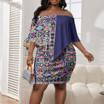 African Ndebele Art Patterns Off Shoulder Short Dress Navy Blue Half Style