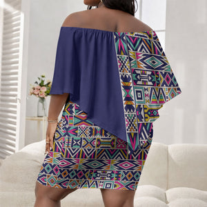 African Ndebele Art Patterns Off Shoulder Short Dress Navy Blue Half Style