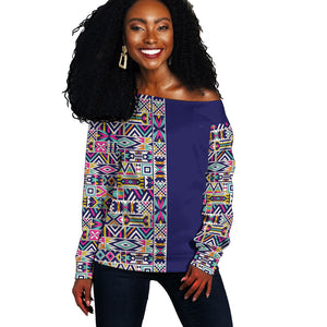 African Ndebele Art Patterns Off Shoulder Sweater Navy Blue Half Style