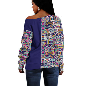 African Ndebele Art Patterns Off Shoulder Sweater Navy Blue Half Style