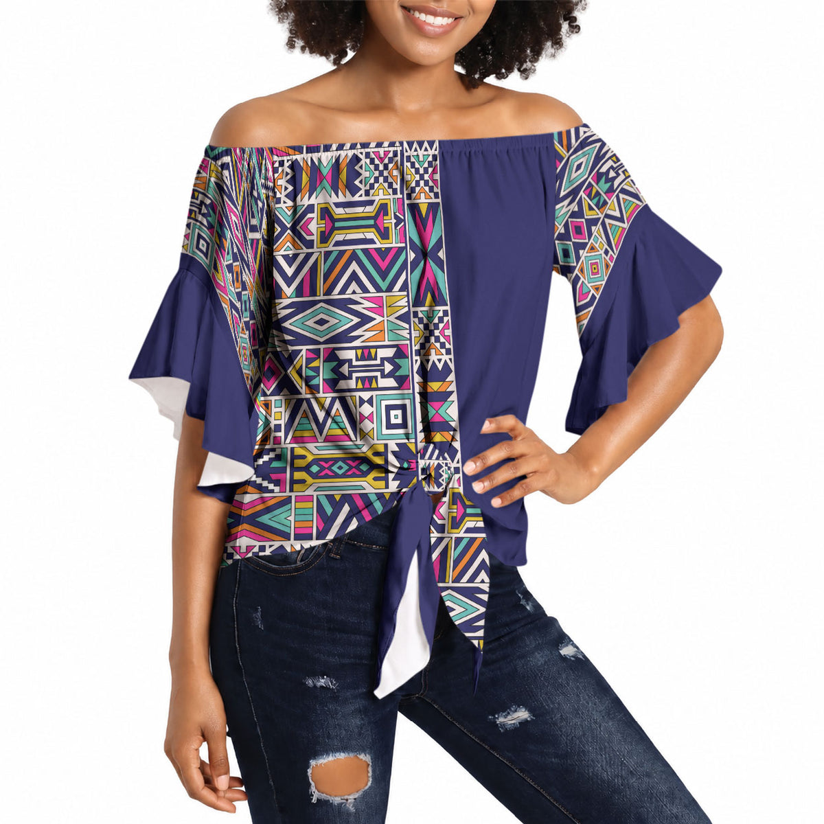 African Ndebele Art Patterns Off Shoulder Wrap Waist Top Navy Blue Half Style