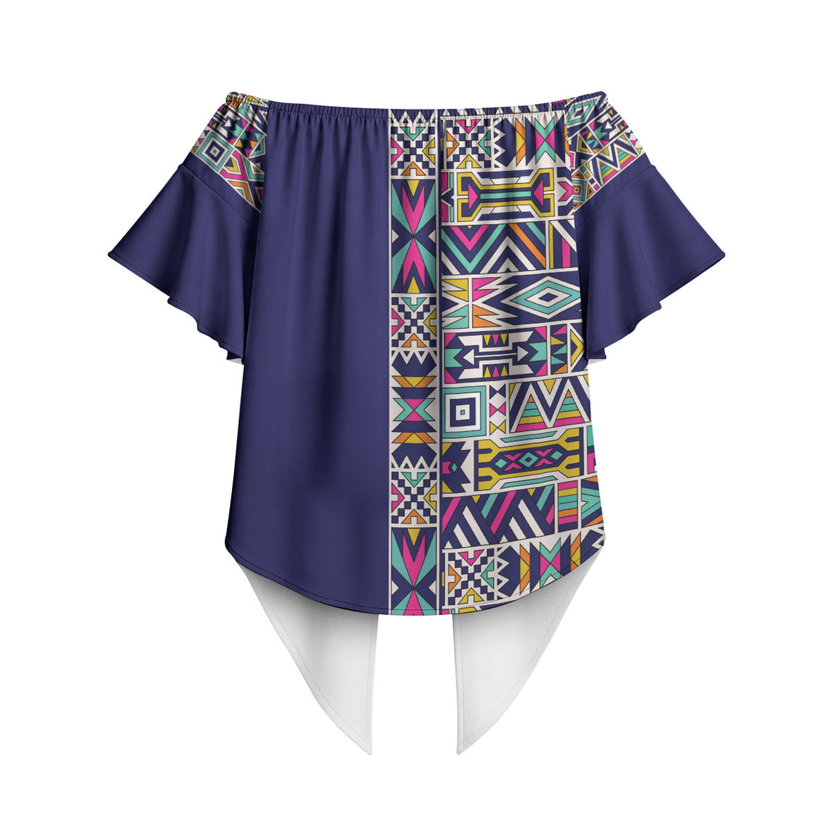 African Ndebele Art Patterns Off Shoulder Wrap Waist Top Navy Blue Half Style