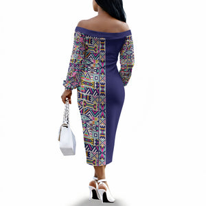 African Ndebele Art Patterns Off The Shoulder Long Sleeve Dress Navy Blue Half Style