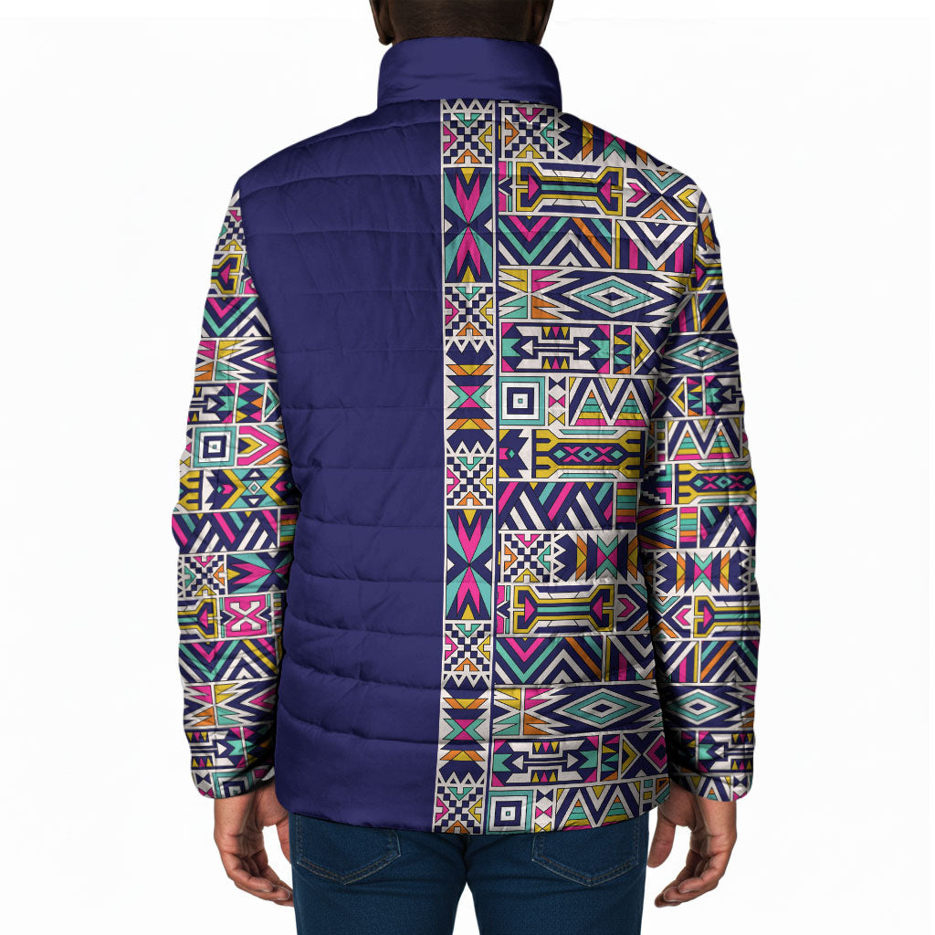African Ndebele Art Patterns Padded Jacket Navy Blue Half Style