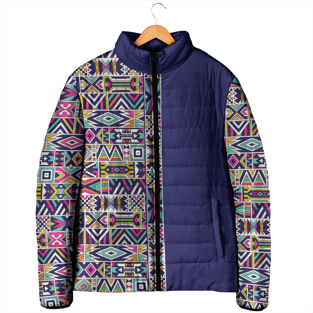 African Ndebele Art Patterns Padded Jacket Navy Blue Half Style
