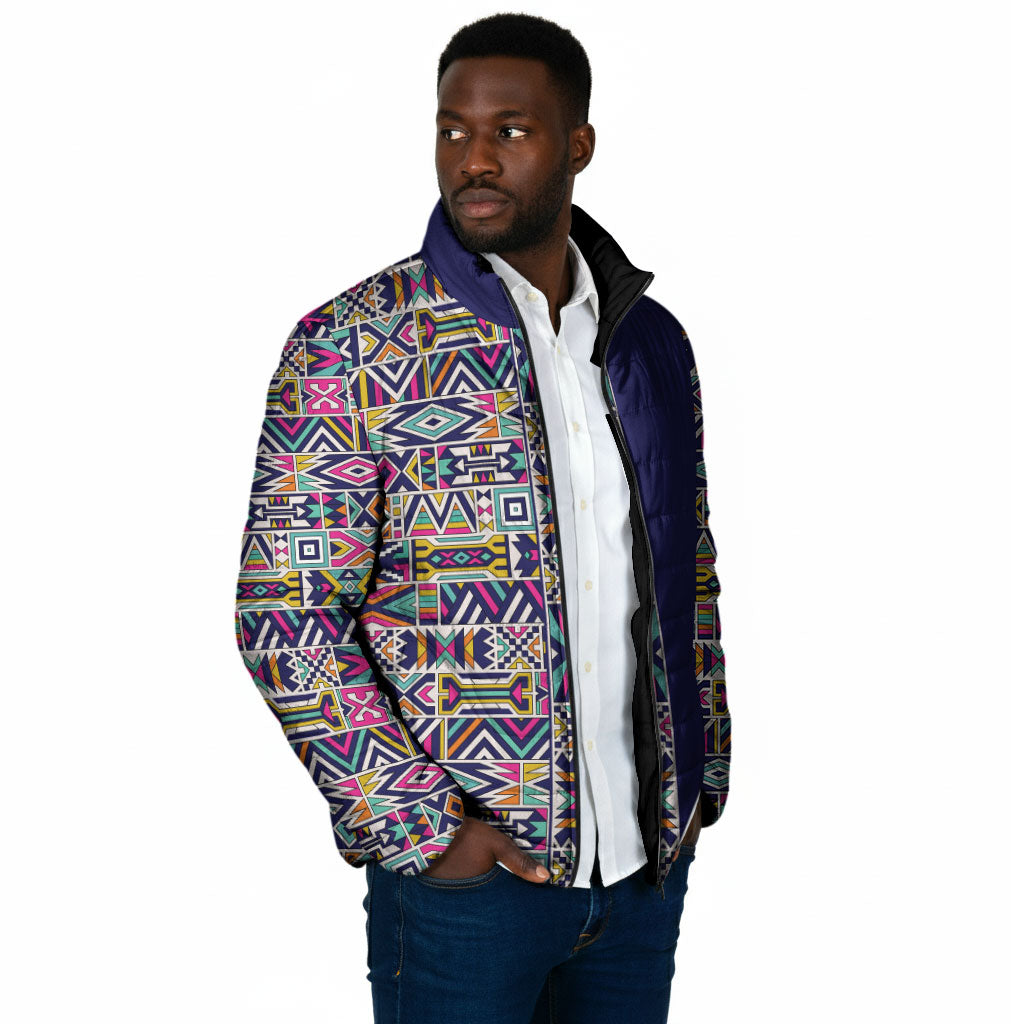 African Ndebele Art Patterns Padded Jacket Navy Blue Half Style