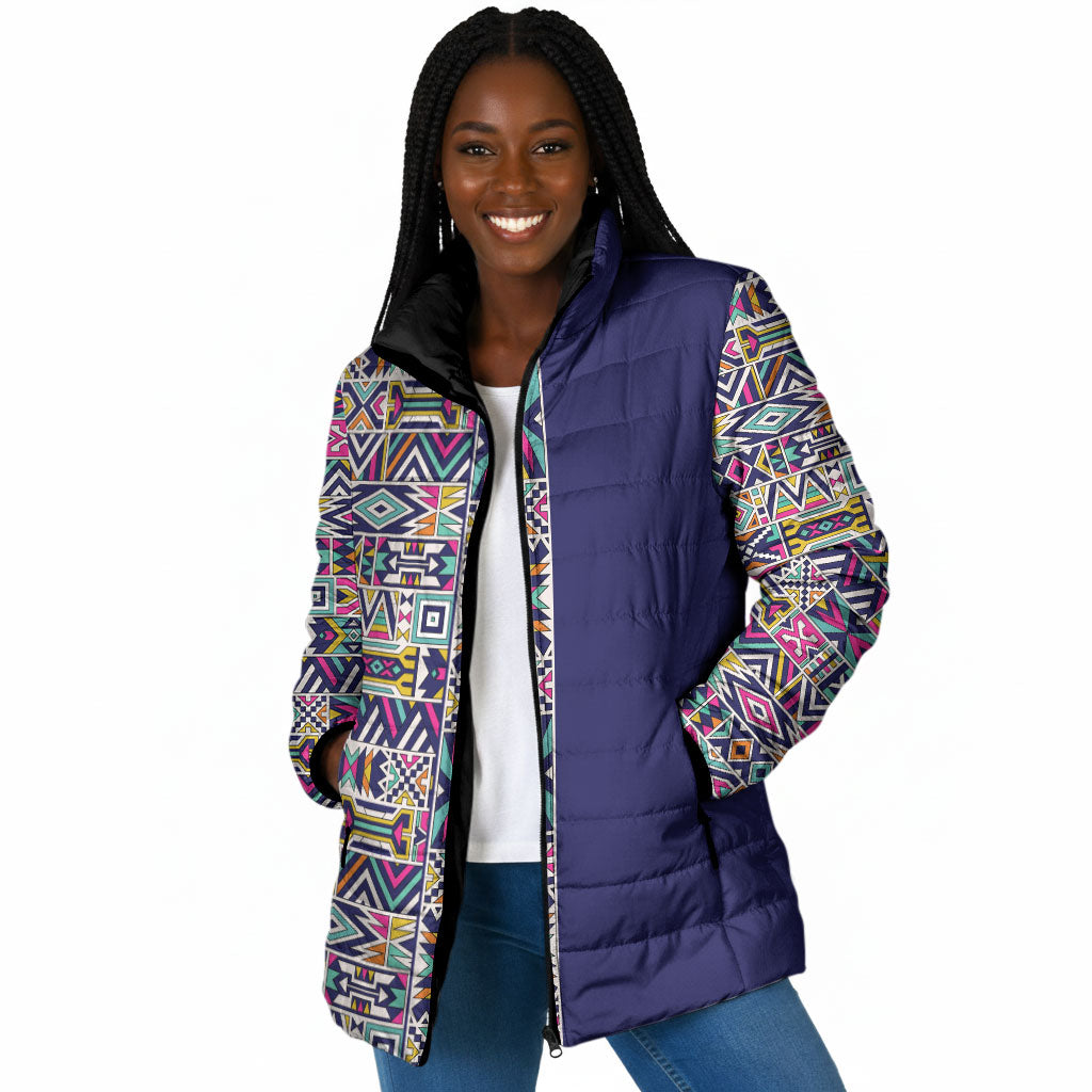 African Ndebele Art Patterns Padded Jacket Navy Blue Half Style
