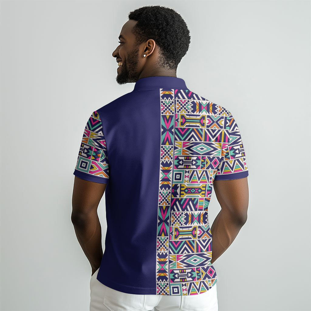 African Ndebele Art Patterns Polo Shirt Navy Blue Half Style