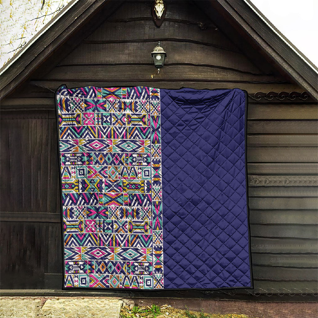 African Ndebele Art Patterns Quilt Navy Blue Half Style