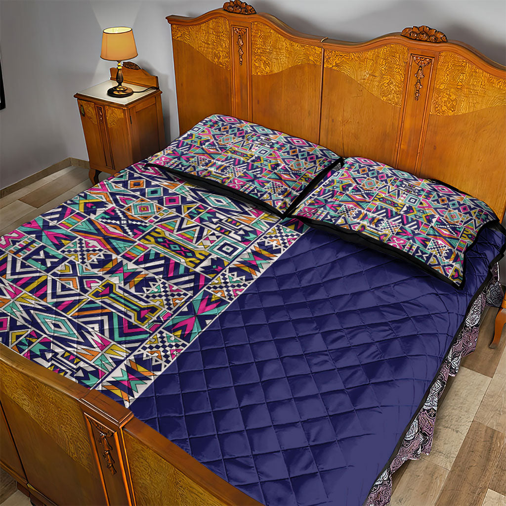 African Ndebele Art Patterns Quilt Bed Set Navy Blue Half Style