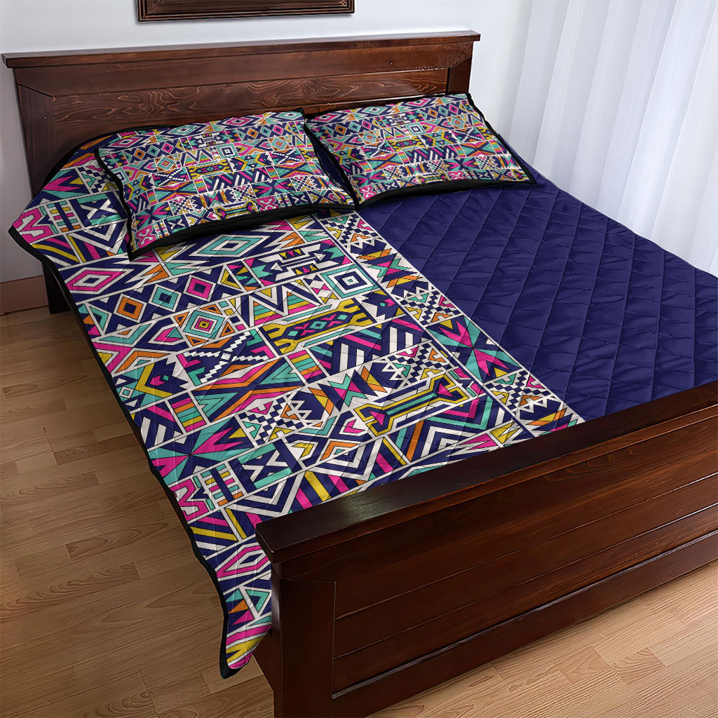 African Ndebele Art Patterns Quilt Bed Set Navy Blue Half Style