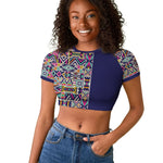 African Ndebele Art Patterns Raglan Cropped T shirt Navy Blue Half Style