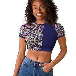 African Ndebele Art Patterns Raglan Cropped T shirt Navy Blue Half Style