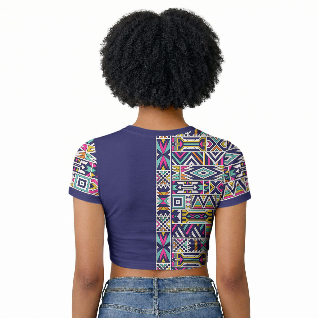 African Ndebele Art Patterns Raglan Cropped T shirt Navy Blue Half Style
