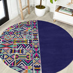 African Ndebele Art Patterns Round Carpet Navy Blue Half Style