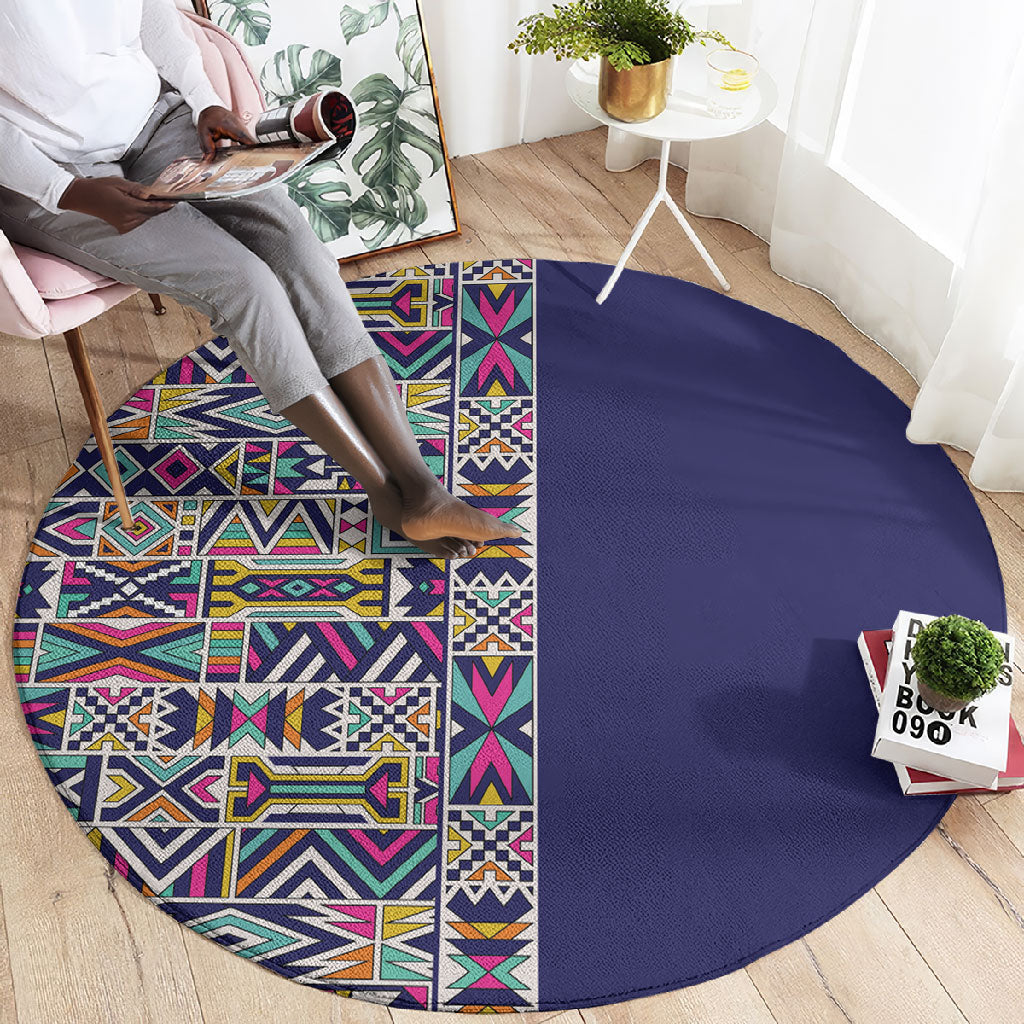 African Ndebele Art Patterns Round Carpet Navy Blue Half Style