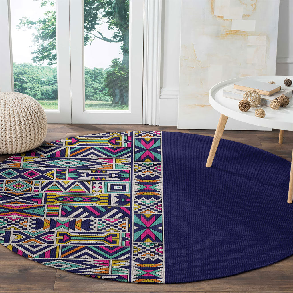 African Ndebele Art Patterns Round Carpet Navy Blue Half Style