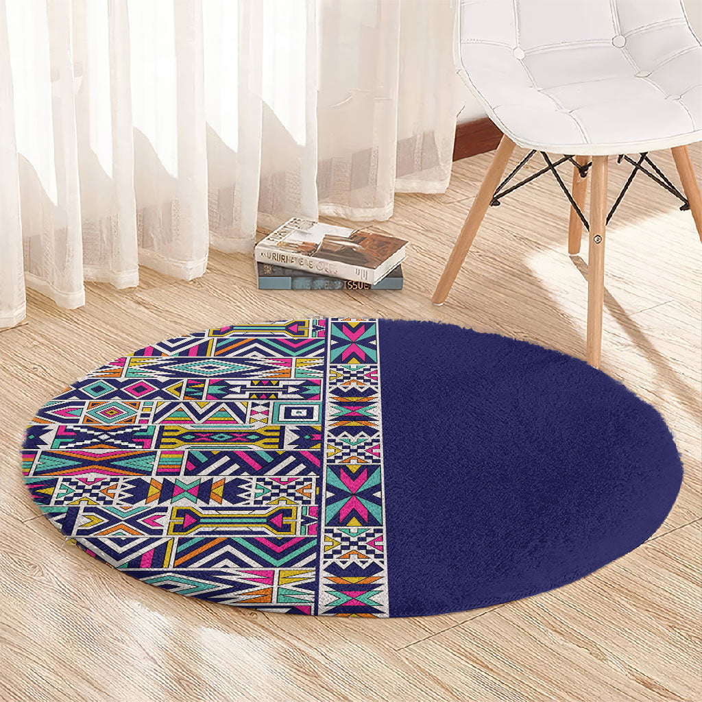 African Ndebele Art Patterns Round Carpet Navy Blue Half Style
