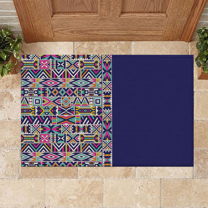 African Ndebele Art Patterns Rubber Doormat Navy Blue Half Style