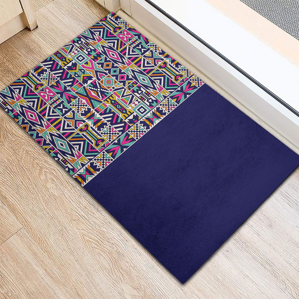 African Ndebele Art Patterns Rubber Doormat Navy Blue Half Style