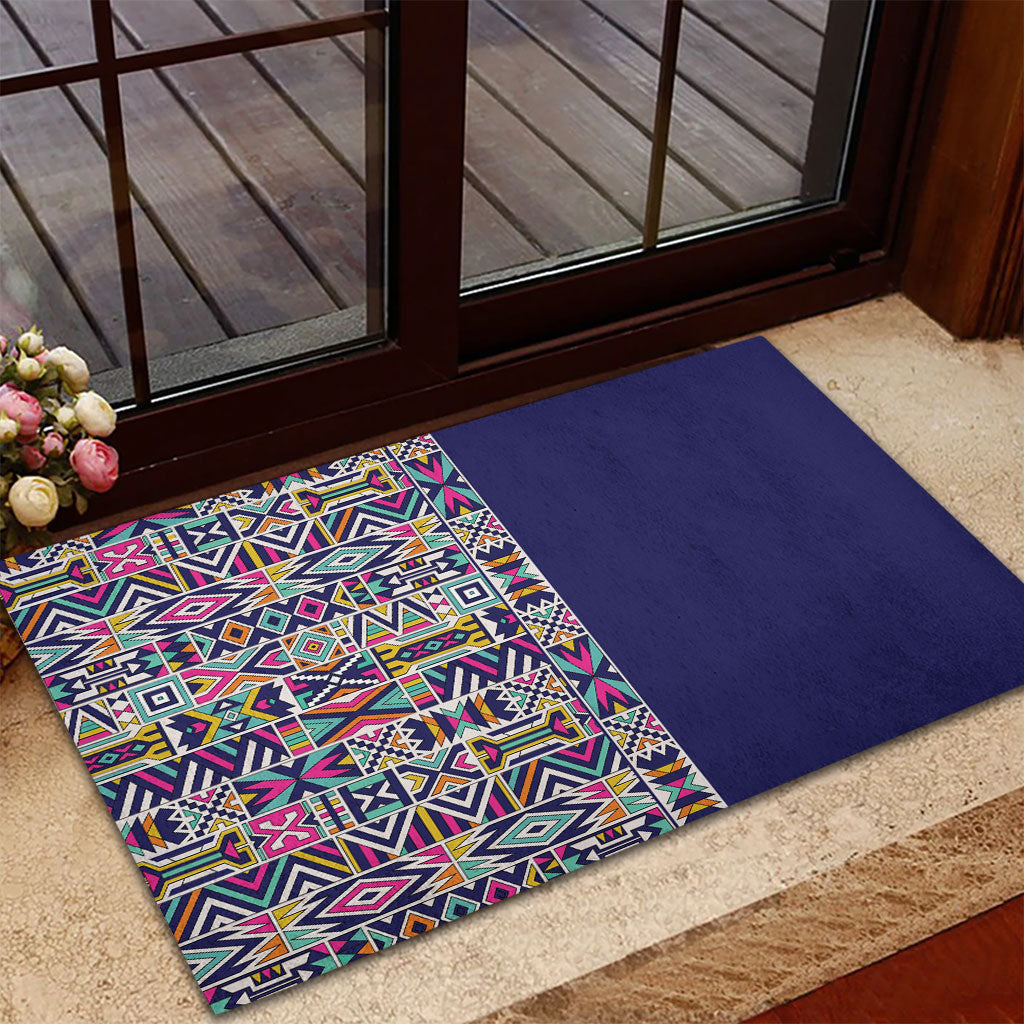 African Ndebele Art Patterns Rubber Doormat Navy Blue Half Style