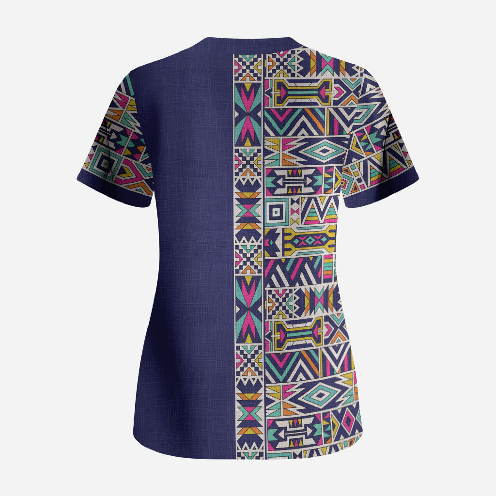 African Ndebele Art Patterns Scrub Top Navy Blue Half Style