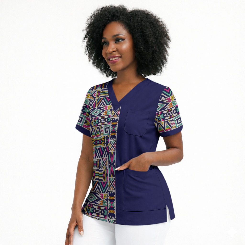 African Ndebele Art Patterns Scrub Top Navy Blue Half Style