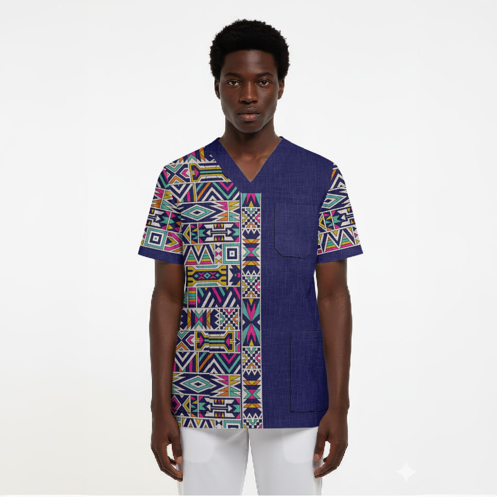 African Ndebele Art Patterns Scrub Top Navy Blue Half Style