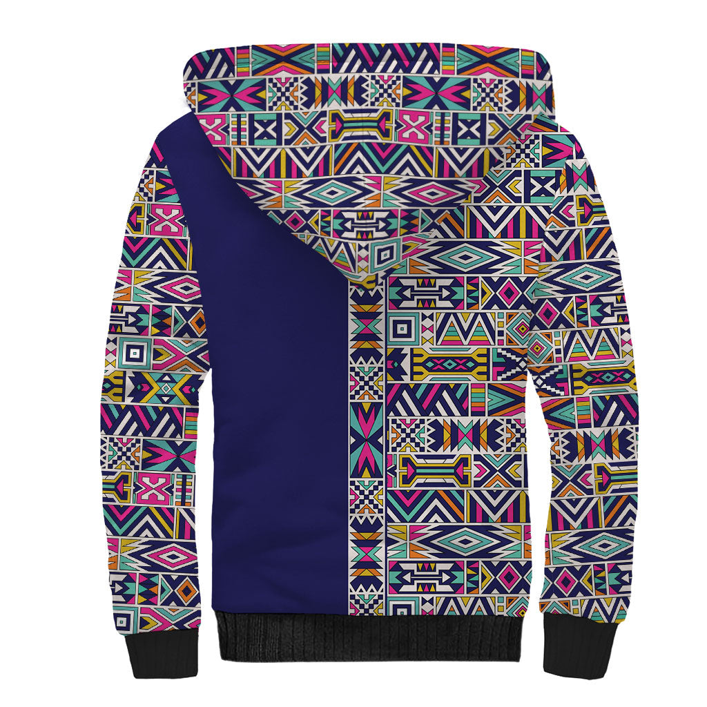 African Ndebele Art Patterns Sherpa Hoodie Navy Blue Half Style